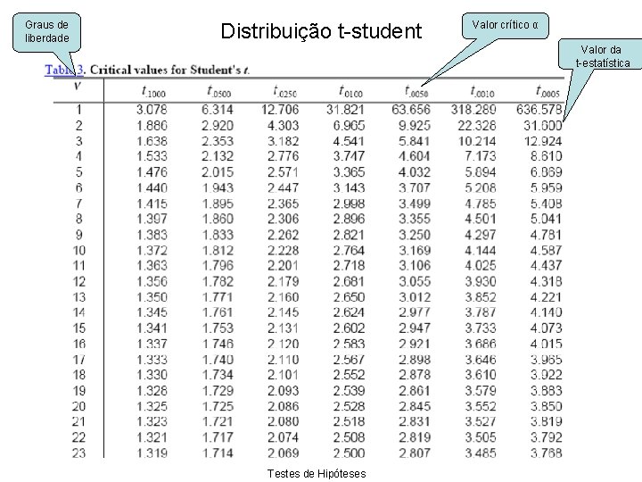 Graus de liberdade Distribuição t-student Valor crítico α Valor da t-estatística • Upper critical