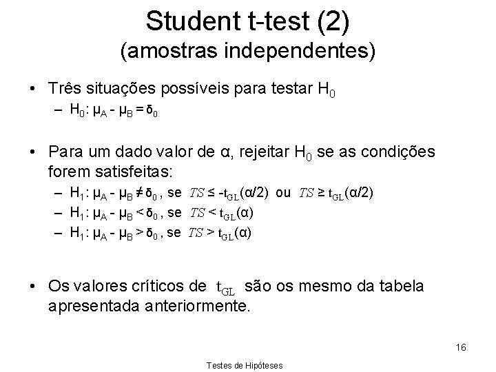 Student t-test (2) (amostras independentes) • Três situações possíveis para testar H 0 –