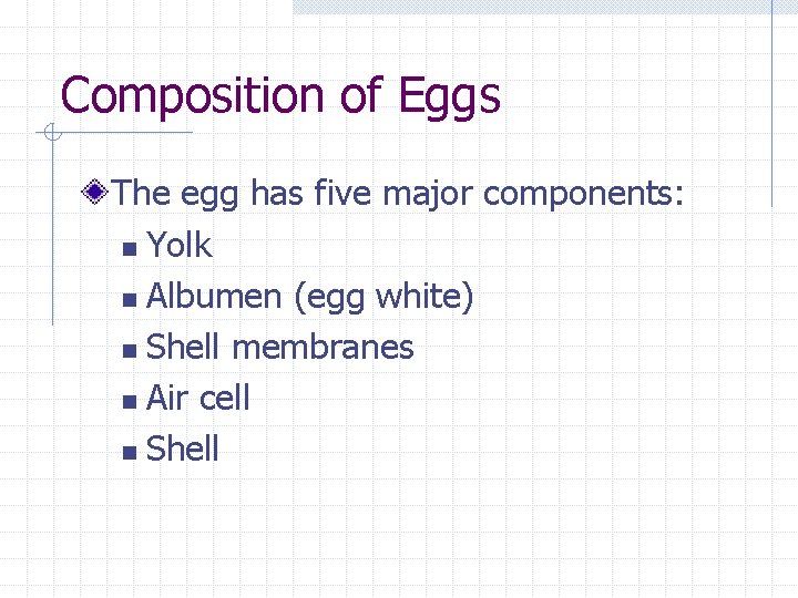 Composition of Eggs The egg has five major components: n Yolk n Albumen (egg