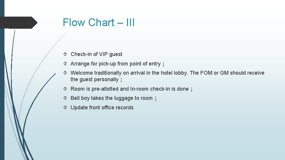 Flow Chart – III Check-in of VIP guest Arrange for pick-up from point of