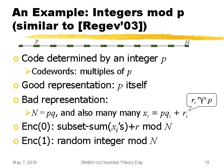 An Example: Integers mod p (similar to [Regev’ 03]) p N o Code determined