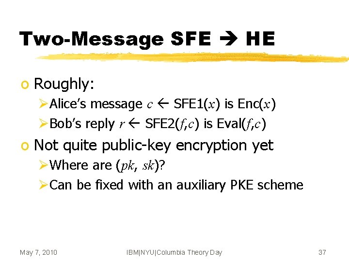 Two-Message SFE HE o Roughly: ØAlice’s message c SFE 1(x) is Enc(x) ØBob’s reply