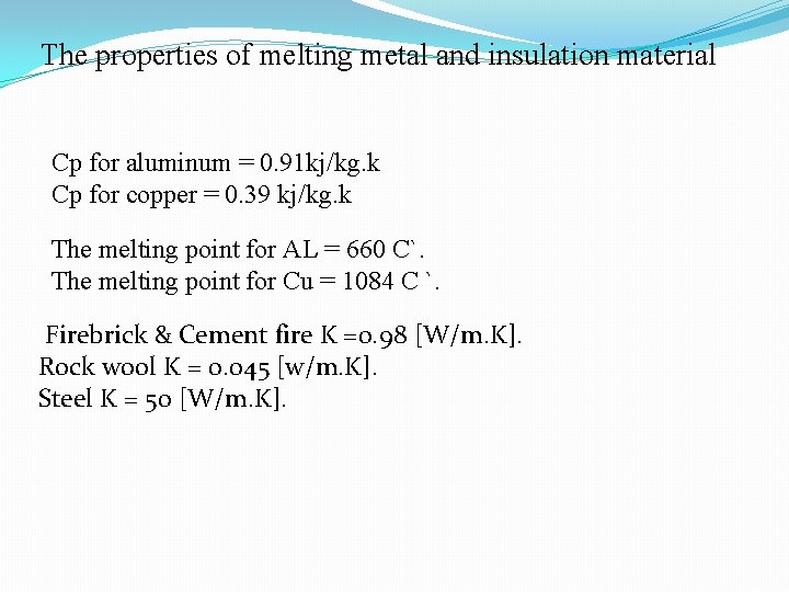 The properties of melting metal and insulation material Cp for aluminum = 0. 91