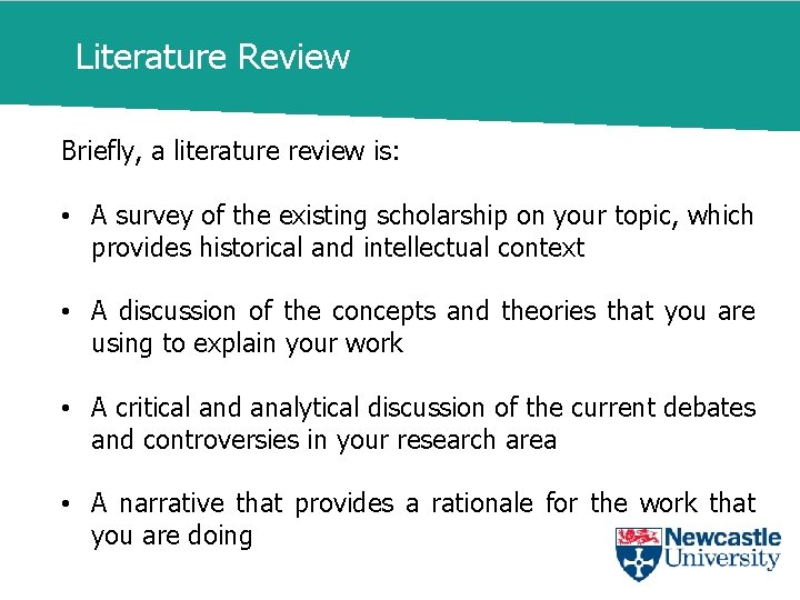 Literature Review Briefly, a literature review is: • A survey of the existing scholarship