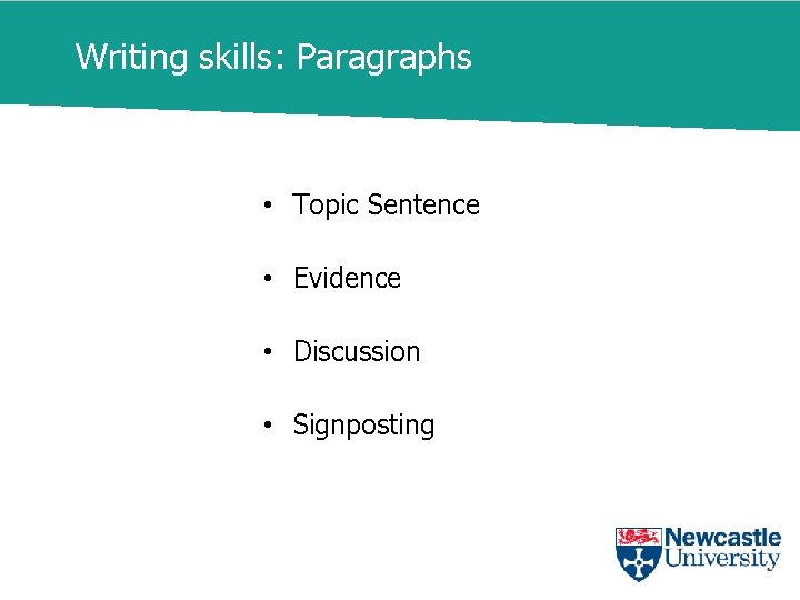 Writing skills: Paragraphs • Topic Sentence • Evidence • Discussion • Signposting 