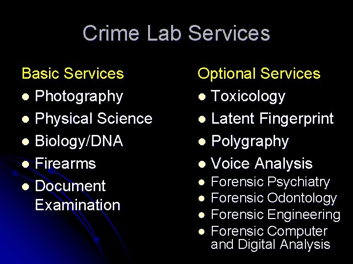 Crime Lab Services Basic Services l Photography l Physical Science l Biology/DNA l Firearms