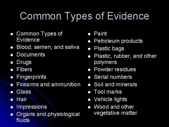 Common Types of Evidence l l l Common Types of Evidence Blood, semen, and
