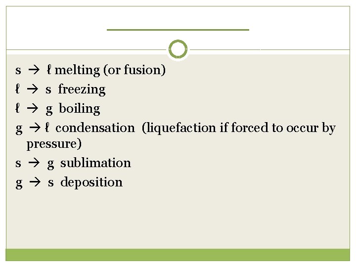 ______ s ℓ melting (or fusion) ℓ s freezing ℓ g boiling g ℓ
