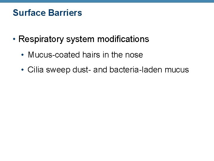 Surface Barriers • Respiratory system modifications • Mucus-coated hairs in the nose • Cilia