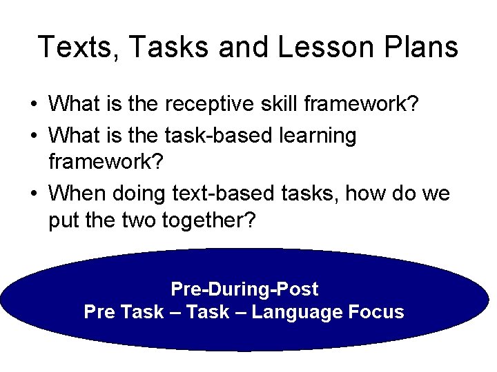 Texts, Tasks and Lesson Plans • What is the receptive skill framework? • What