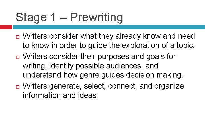 Stage 1 – Prewriting Writers consider what they already know and need to know