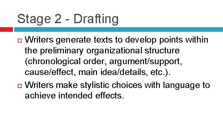 Stage 2 - Drafting Writers generate texts to develop points within the preliminary organizational