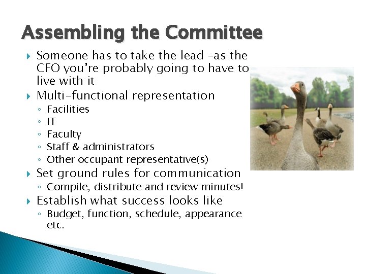 Assembling the Committee Someone has to take the lead –as the CFO you’re probably