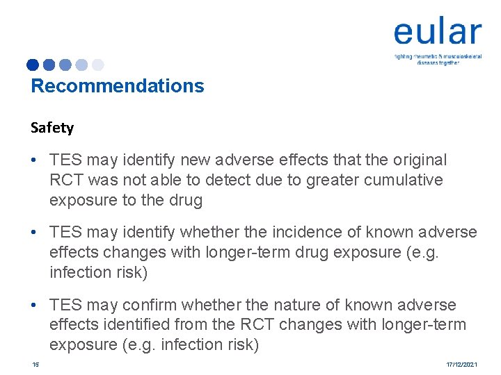 Recommendations Safety • TES may identify new adverse effects that the original RCT was