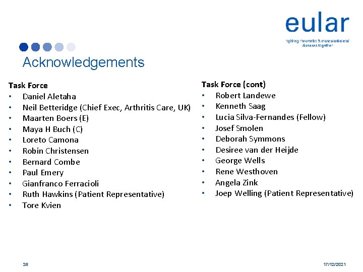 Acknowledgements Task Force • Daniel Aletaha • Neil Betteridge (Chief Exec, Arthritis Care, UK)