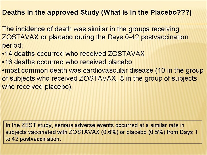 Deaths in the approved Study (What is in the Placebo? ? ? ) The