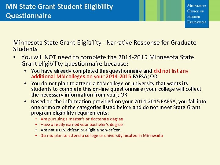 MN State Grant Student Eligibility Questionnaire Minnesota State Grant Eligibility - Narrative Response for