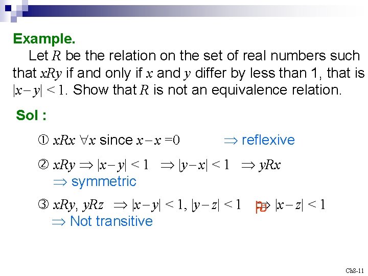 Example. Let R be the relation on the set of real numbers such that