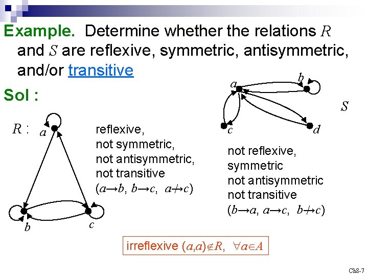 Example. Determine whether the relations R and S are reflexive, symmetric, antisymmetric, and/or transitive