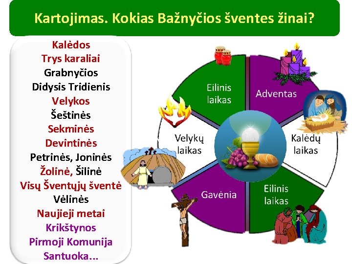 Kartojimas. Kokias Bažnyčios šventes žinai? Kalėdos Trys karaliai Grabnyčios Didysis Tridienis Velykos Šeštinės Sekminės