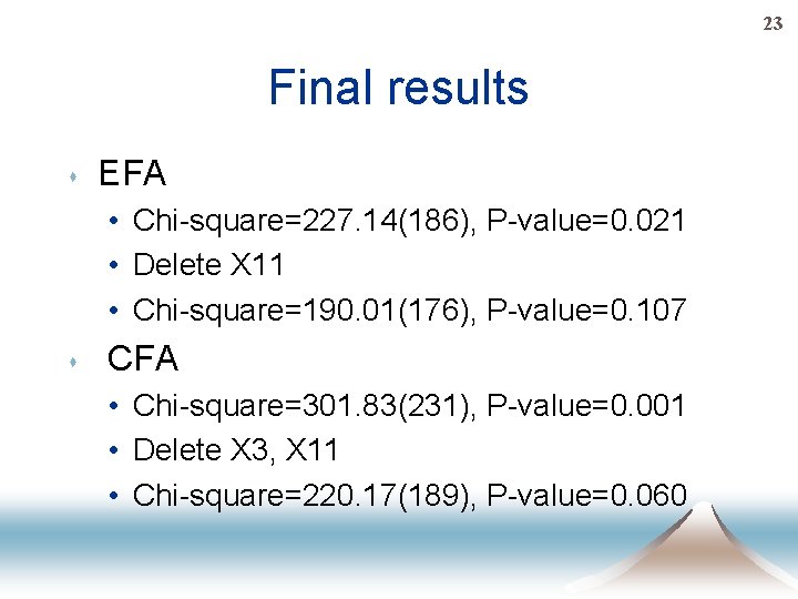 23 Final results s EFA • Chi-square=227. 14(186), P-value=0. 021 • Delete X 11