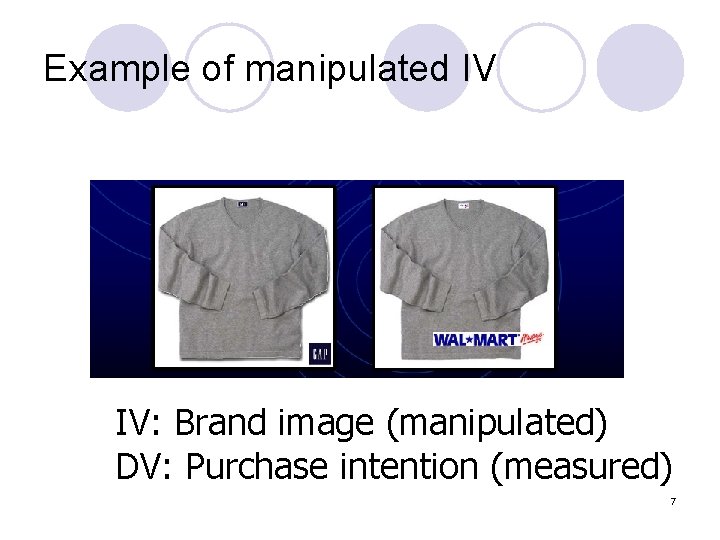 Example of manipulated IV IV: Brand image (manipulated) DV: Purchase intention (measured) 7 