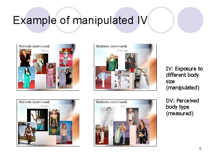 Example of manipulated IV IV: Exposure to different body size (manipulated) DV: Perceived body
