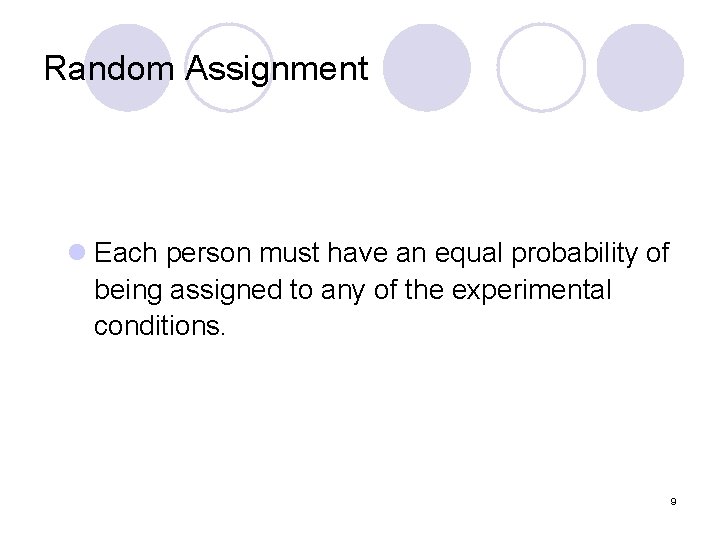 Random Assignment l Each person must have an equal probability of being assigned to