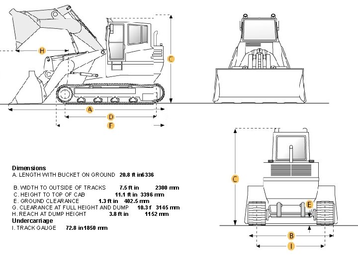 Dimensions A. LENGTH WITH BUCKET ON GROUND 20. 8 ft in 6336 B. WIDTH