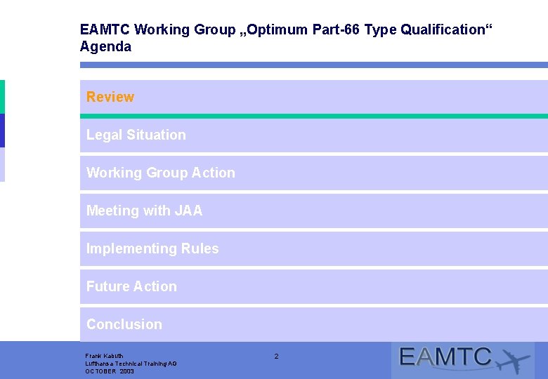 EAMTC Working Group „Optimum Part-66 Type Qualification“ Agenda Review Rückblick Legal Situation WF/Q 2001