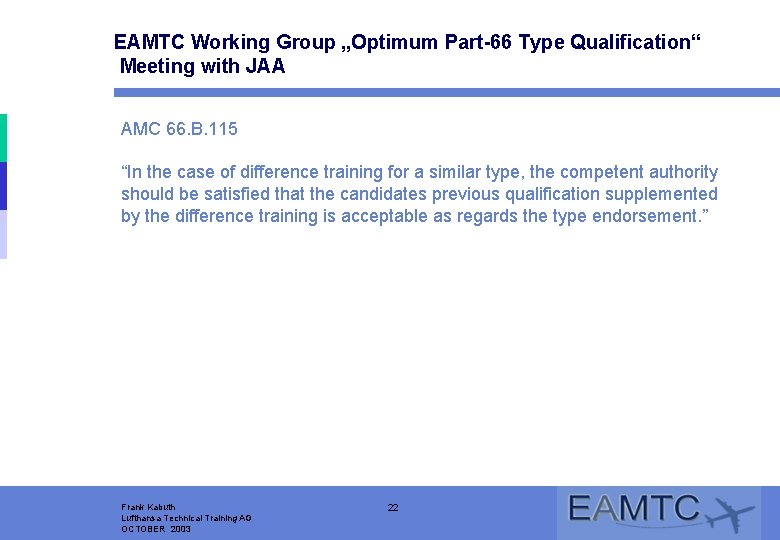 EAMTC Working Group „Optimum Part-66 Type Qualification“ Meeting with JAA AMC 66. B. 115