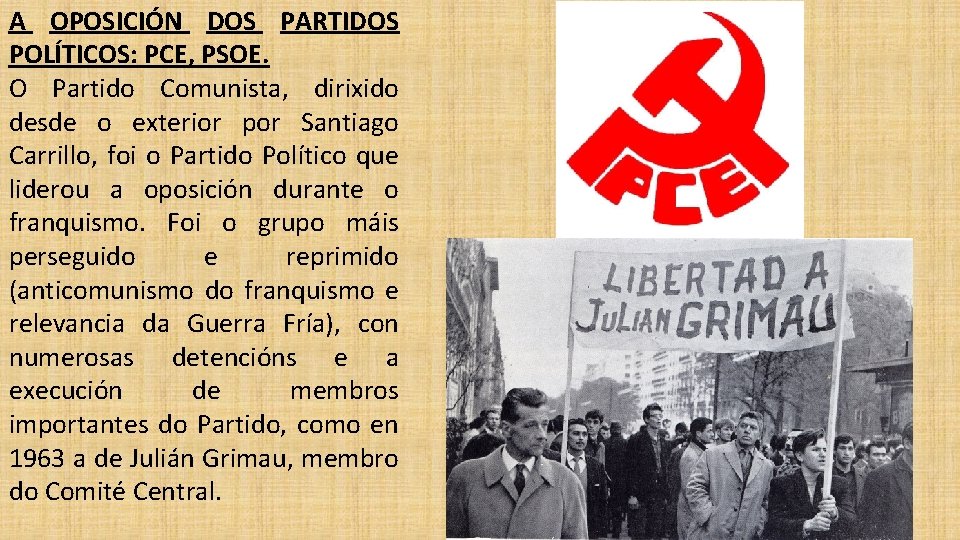 A OPOSICIÓN DOS PARTIDOS POLÍTICOS: PCE, PSOE. O Partido Comunista, dirixido desde o exterior