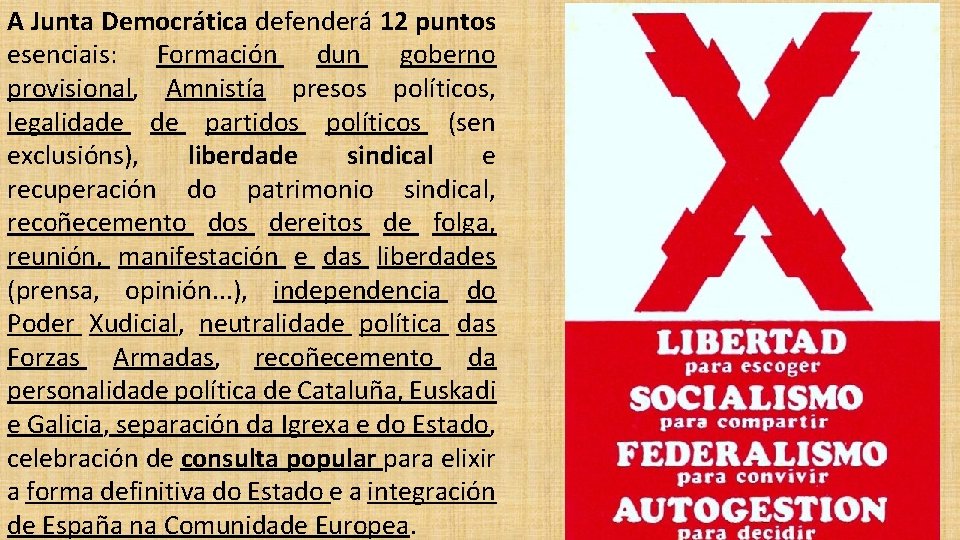 A Junta Democrática defenderá 12 puntos esenciais: Formación dun goberno provisional, Amnistía presos políticos,