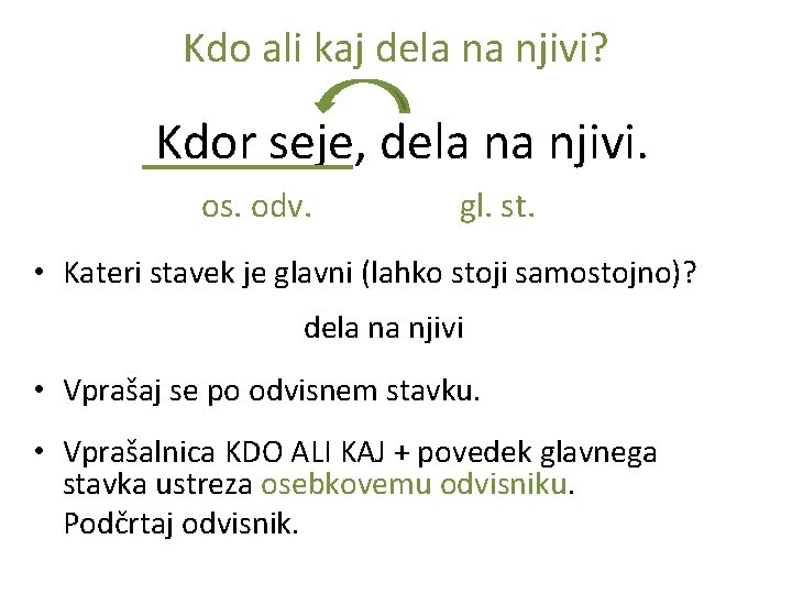 Kdo ali kaj dela na njivi? Kdor seje, dela na njivi. os. odv. gl.