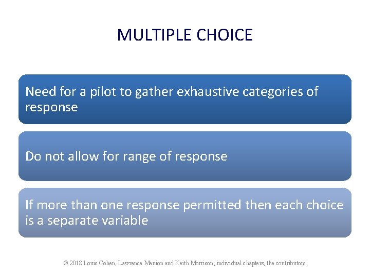 MULTIPLE CHOICE Need for a pilot to gather exhaustive categories of response Do not