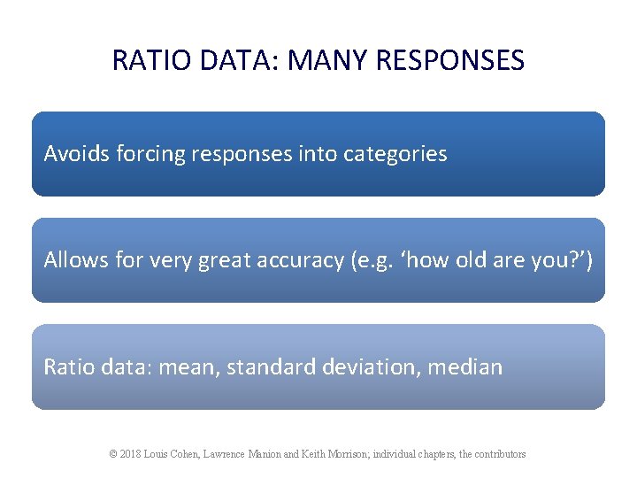 RATIO DATA: MANY RESPONSES Avoids forcing responses into categories Allows for very great accuracy