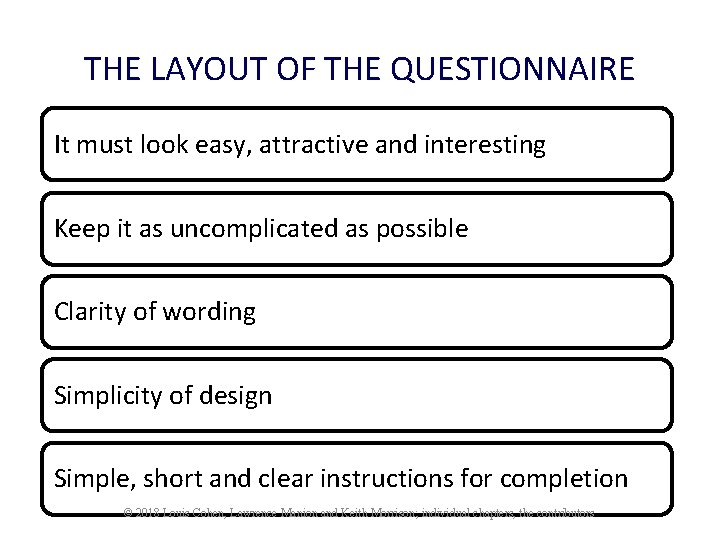 THE LAYOUT OF THE QUESTIONNAIRE It must look easy, attractive and interesting Keep it