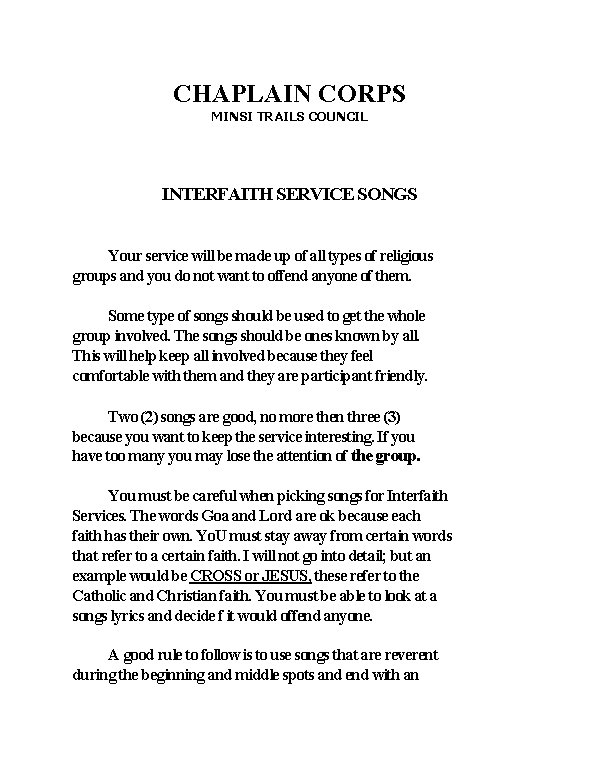 CHAPLAIN CORPS MINSI TRAILS COUNCIL INTERFAITH SERVICE SONGS Your service will be made up