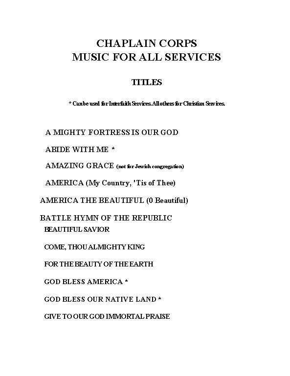 CHAPLAIN CORPS MUSIC FOR ALL SERVICES TITLES * Can be used for Interfaith Services.