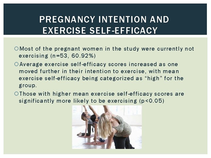 PREGNANCY INTENTION AND EXERCISE SELF-EFFICACY Most of the pregnant women in the study were