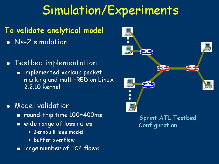 Simulation/Experiments To validate analytical model l Ns-2 simulation l Testbed implementation n l implemented