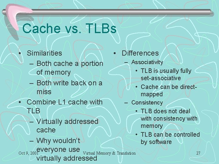 Cache vs. TLBs • Similarities • Differences – Associativity – Both cache a portion