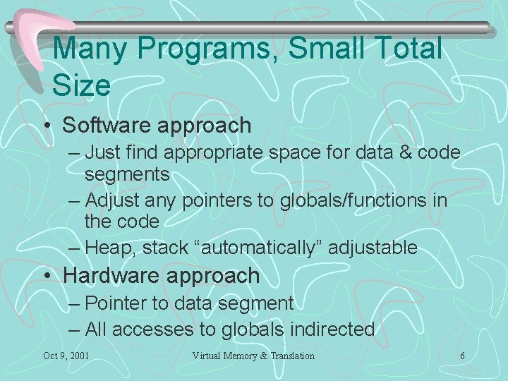 Many Programs, Small Total Size • Software approach – Just find appropriate space for