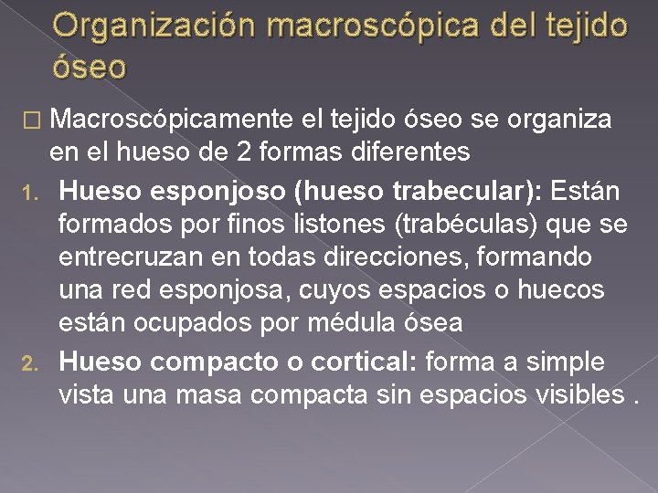 Organización macroscópica del tejido óseo � Macroscópicamente el tejido óseo se organiza en el