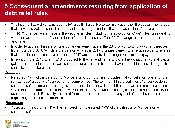 5. Consequential amendments resulting from application of debt relief rules • The Income Tax