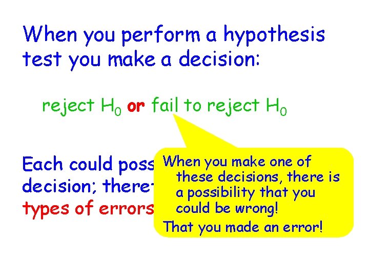 When you perform a hypothesis test you make a decision: reject H 0 or