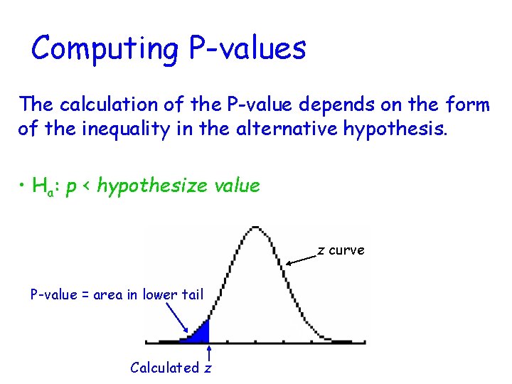 Computing P-values The calculation of the P-value depends on the form of the inequality