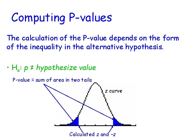 Computing P-values The calculation of the P-value depends on the form of the inequality