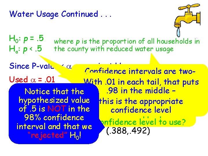Water Usage Continued. . . H 0: p =. 5 Ha: p <. 5