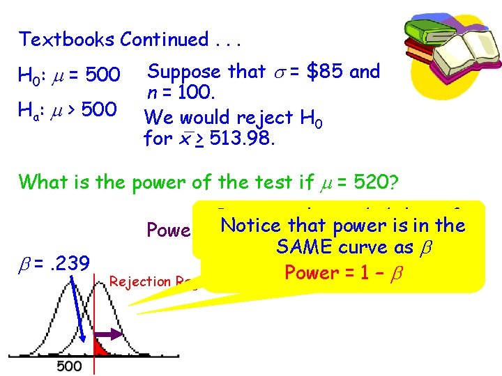 Textbooks Continued. . . H 0: m = 500 Ha: m > 500 Suppose